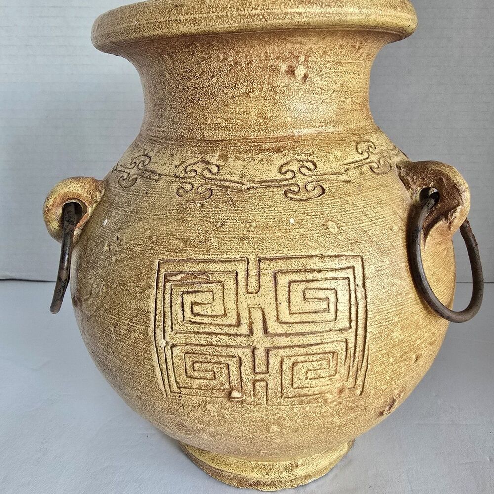 Rustic Tan Vase with Metal Accents